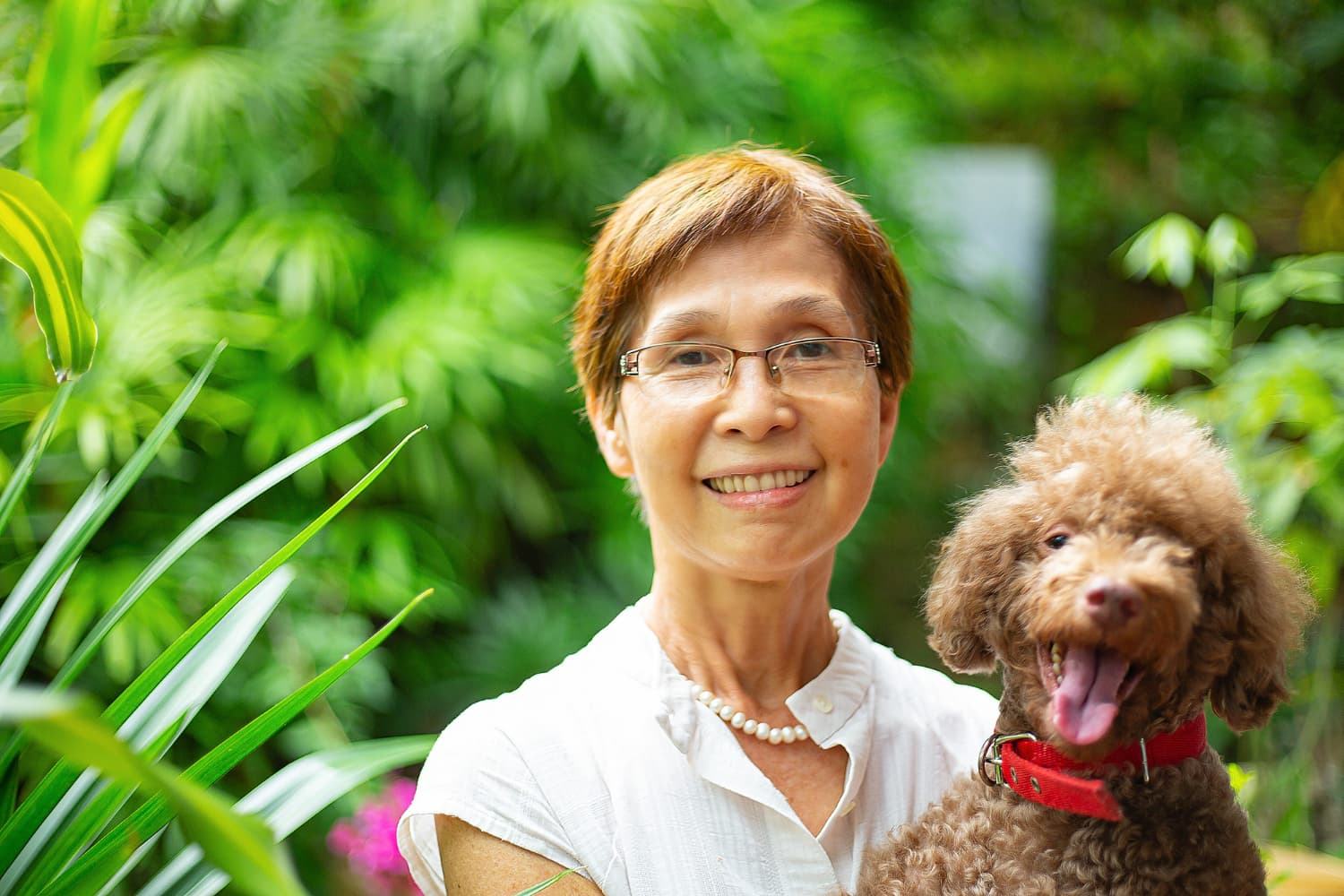 asian woman hanging poodle dog garden