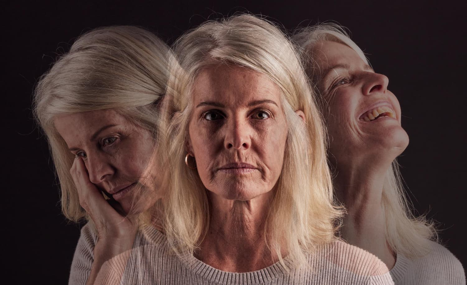 senior woman bipolar or mental health for depression psychology or mood swings mature female depressed or schizophrenia with identity crisis trauma anxiety or problem with portrait sad or smile